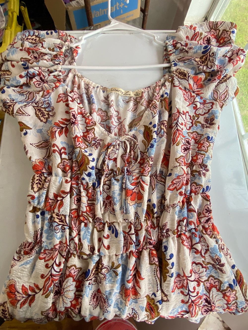 Liberty Love Cream Floral Paisley Tie-Front Top with Coral and Olive Accents